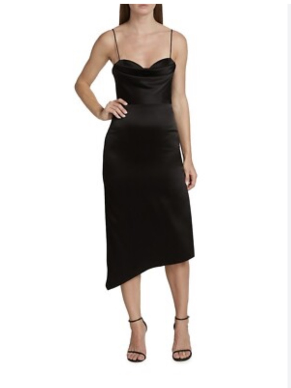Alice + Olivia Black Satin Asymmetrical Slip Midi Dress